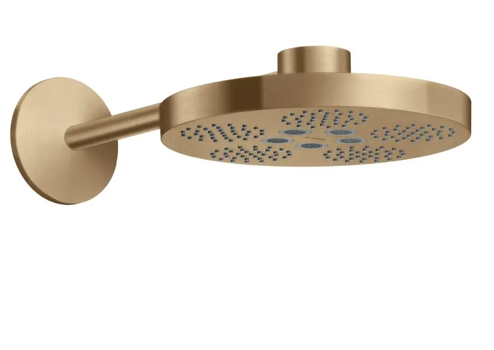 Kopfbrause in gebürstetem Bronze-Finish, montiert an einem geraden Brausearm. Markierung "AXOR" sichtbar auf der Oberfläche der Brause.